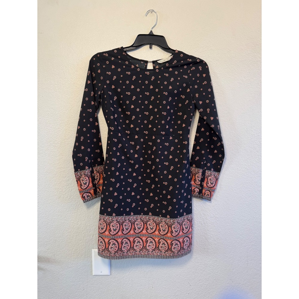 Abercrombie & Fitch Black Orange Floral Paisley Boho Mini Dress XS Long Sleeve